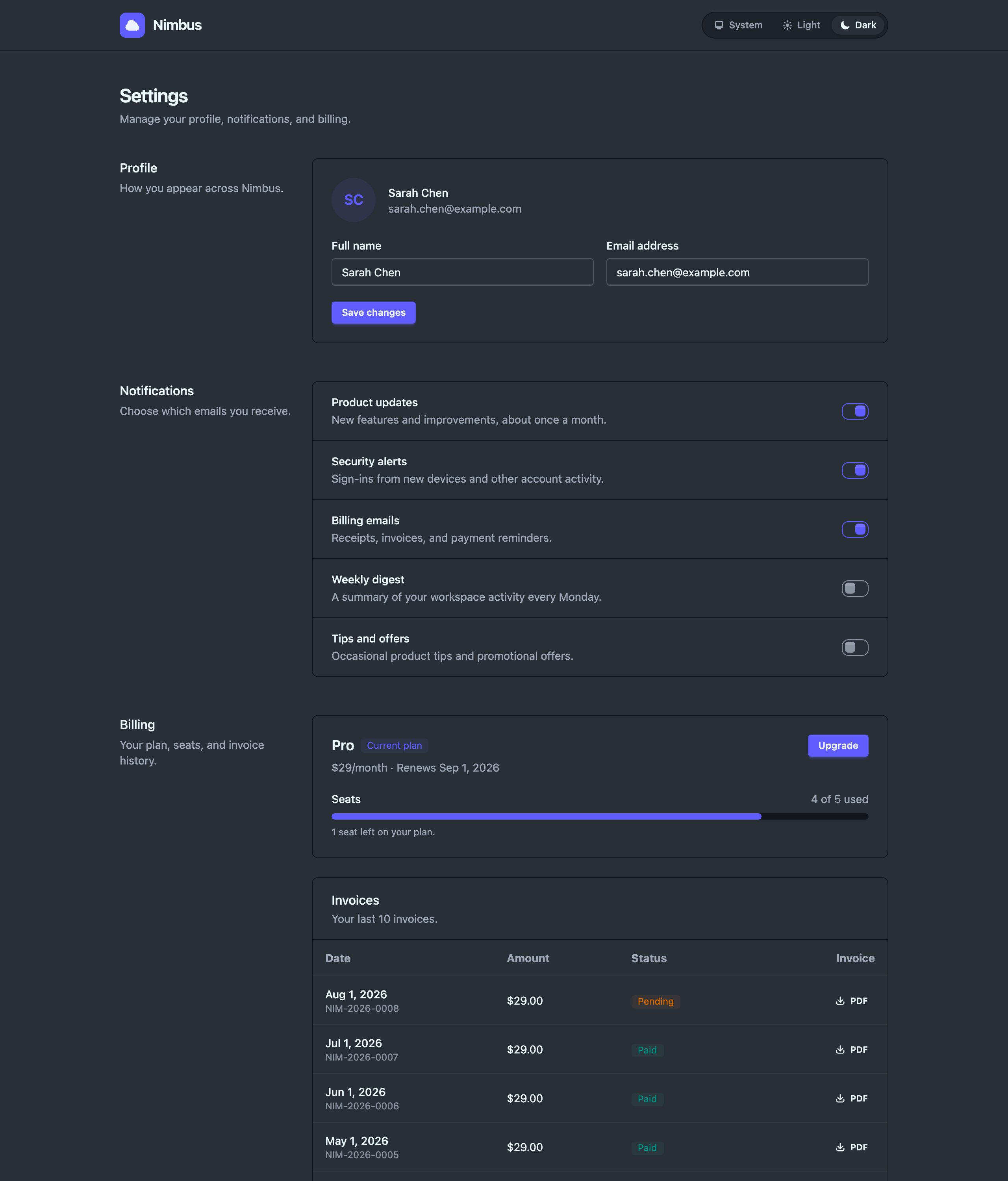 Settings page built by an agent in a fresh Phoenix app, dark mode