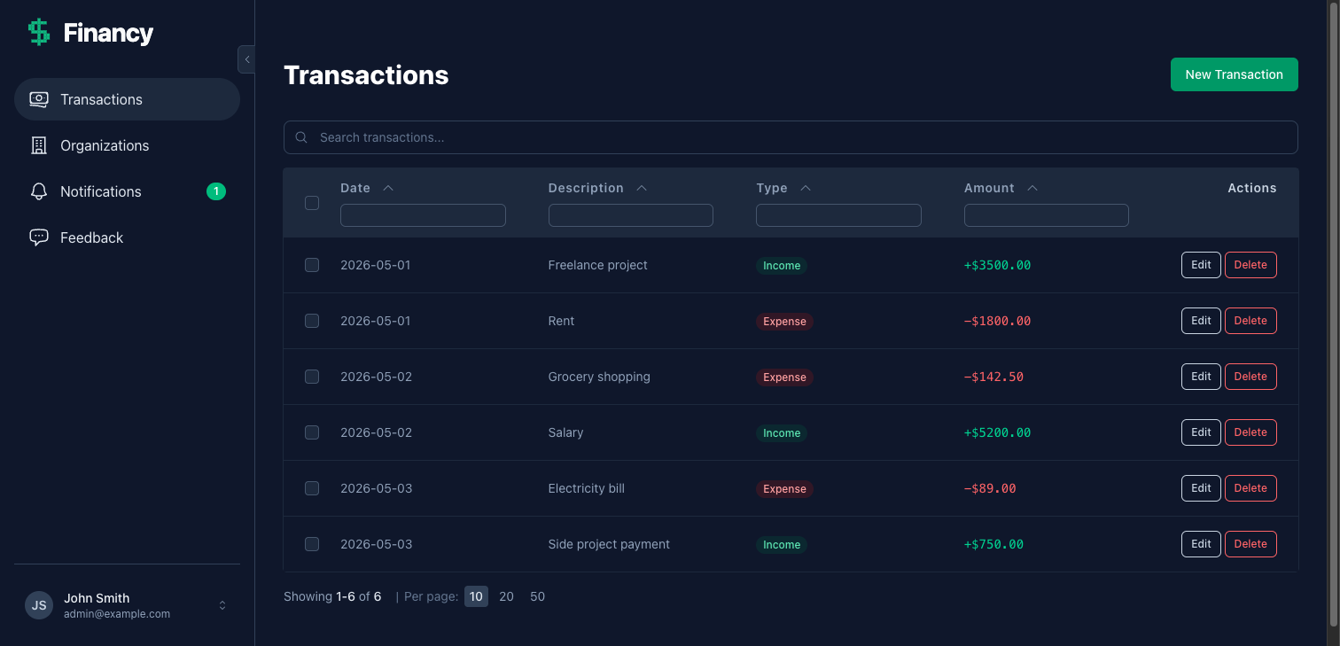 Petal Pro app — transactions feature with dark sidebar, color-coded data table