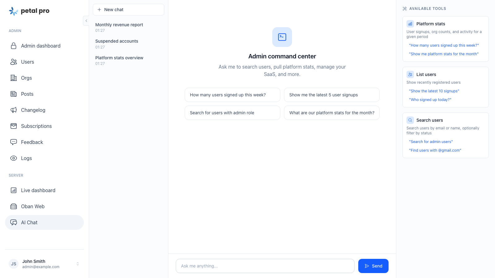 AI admin chat with conversation history