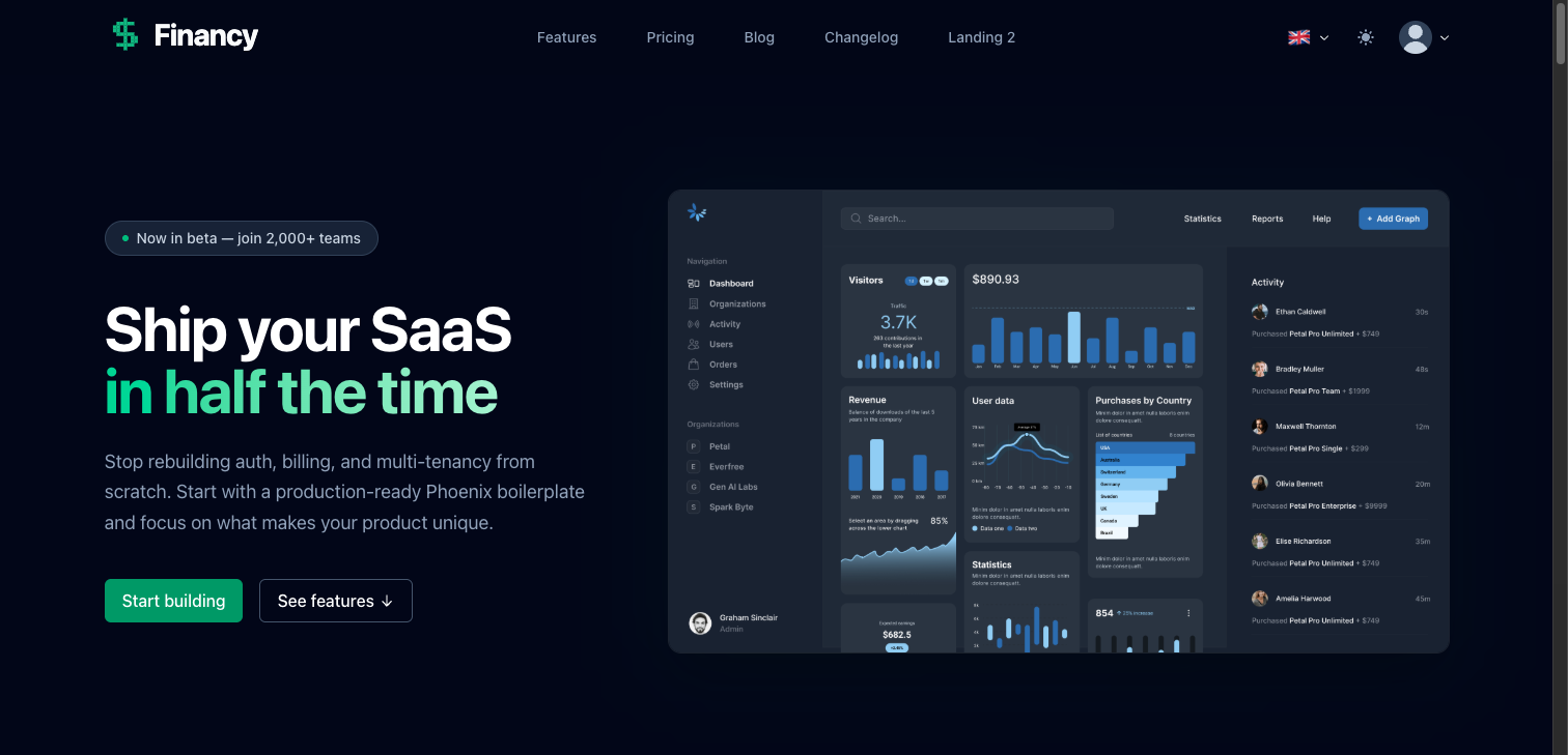Financy landing page after branding